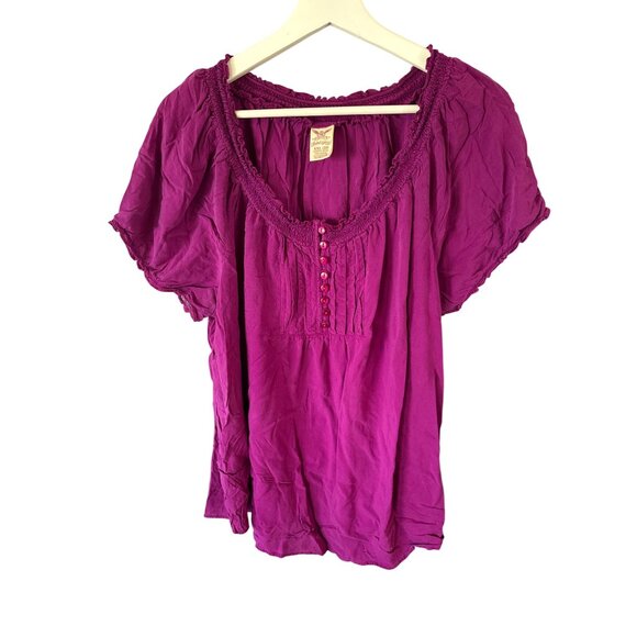 Faded Glory Magenta Smocked Blouse Plus Size XXL Womens Short Sleeve Button Top - Picture 1 of 6